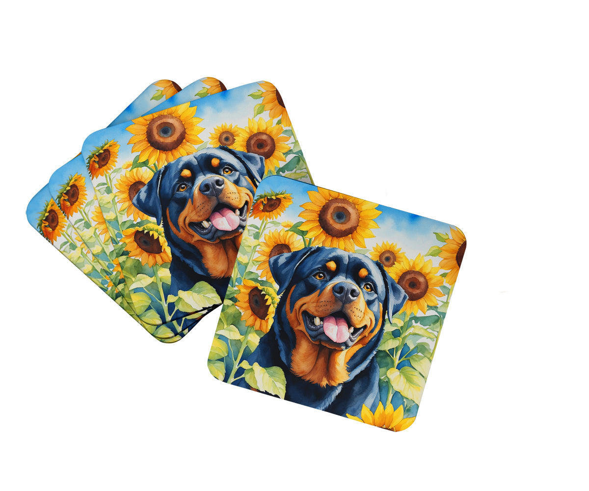 Rottweiler in Sunflowers Foam Coasters Set of 4 Cup Coasters for Indoor Outdoor, Tabletop Protection, Anti Slip, Mouse pad Material