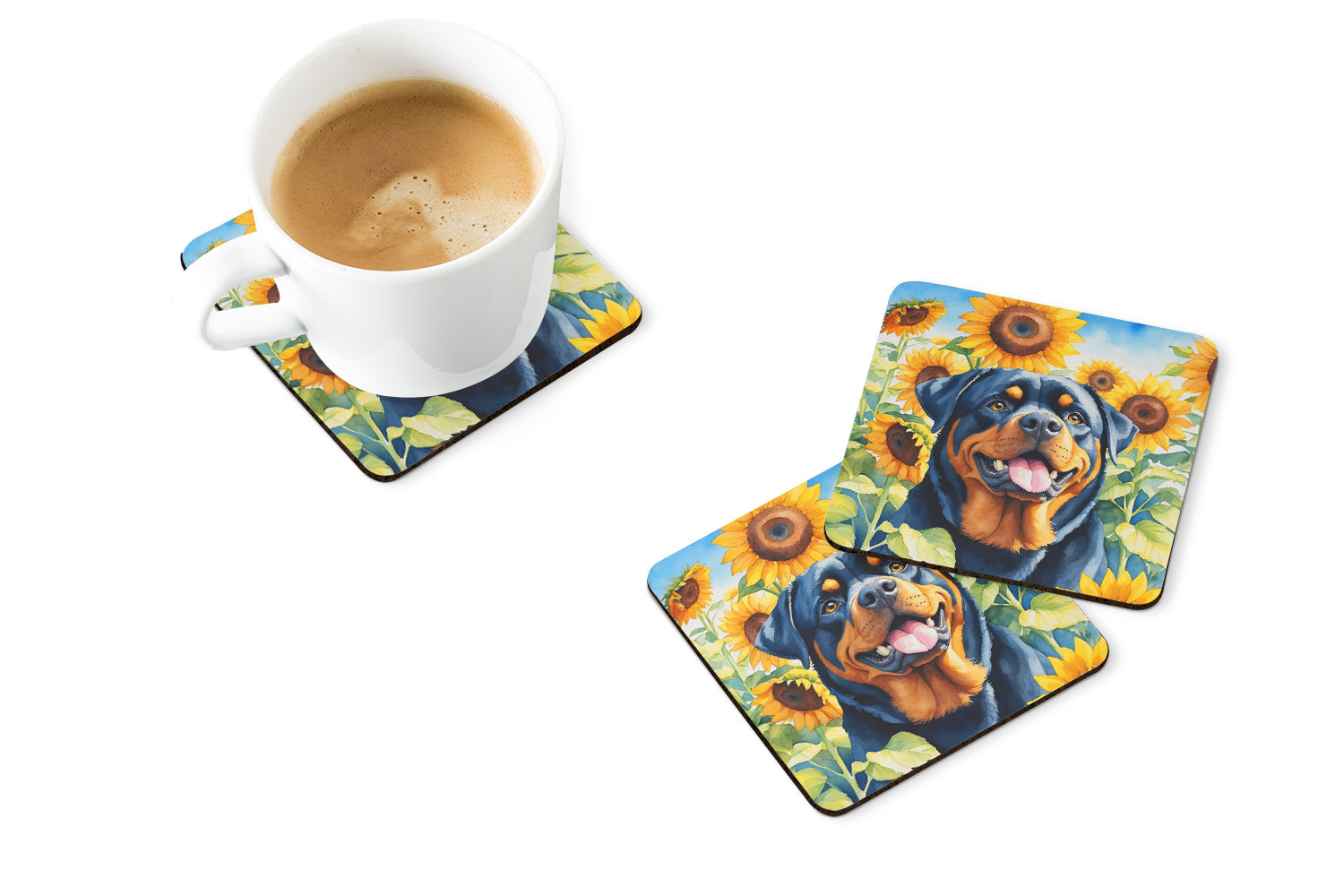Rottweiler in Sunflowers Foam Coasters Set of 4 Cup Coasters for Indoor Outdoor, Tabletop Protection, Anti Slip, Mouse pad Material