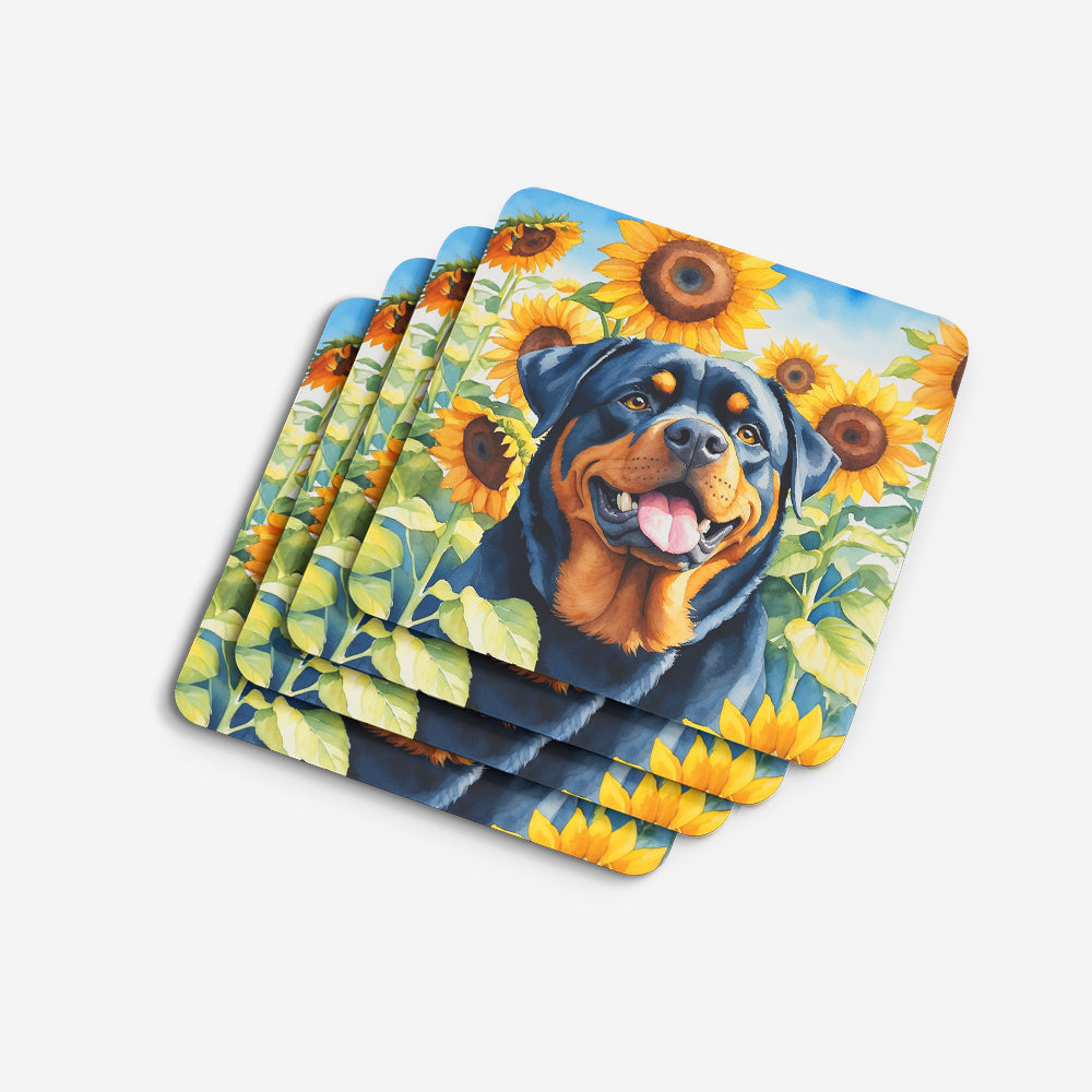 Rottweiler in Sunflowers Foam Coasters Set of 4 Cup Coasters for Indoor Outdoor, Tabletop Protection, Anti Slip, Mouse pad Material