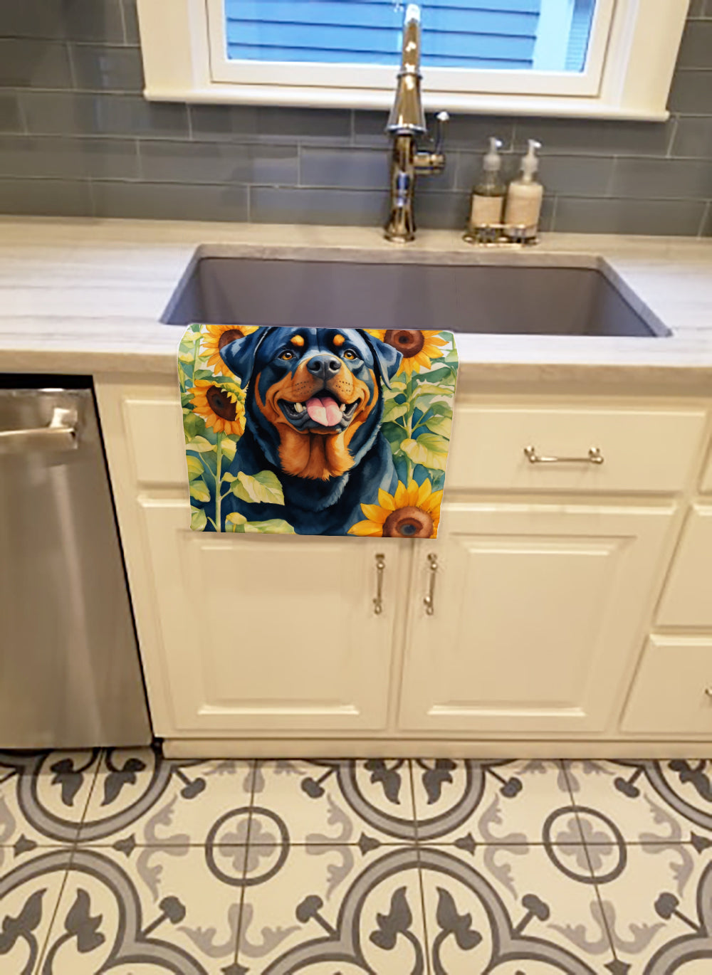 Rottweiler in Sunflowers Kitchen Towel Velour Plush Front and Cotton Loop Back Machine Washable