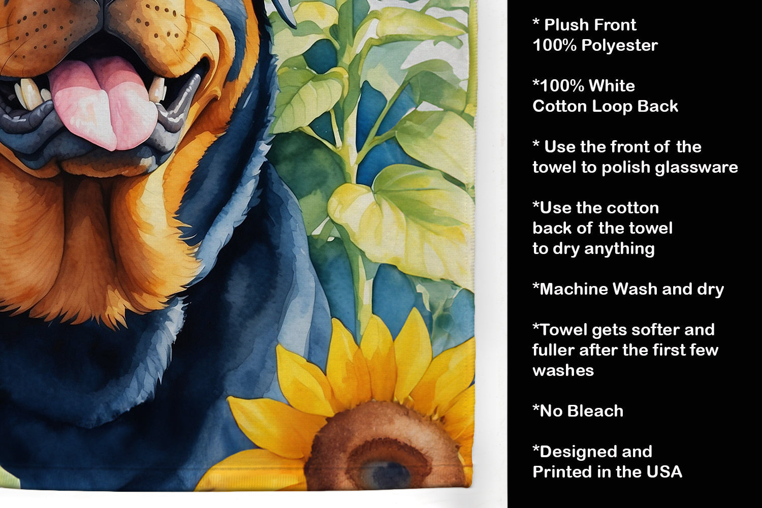 Rottweiler in Sunflowers Kitchen Towel Velour Plush Front and Cotton Loop Back Machine Washable
