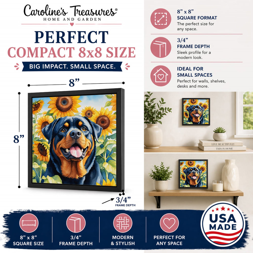 Rottweiler in Sunflowers Framed Metal Print Bathroom, Kitchen, Office, Home Decor Wall Art Ready to Hang, Square, 8X8