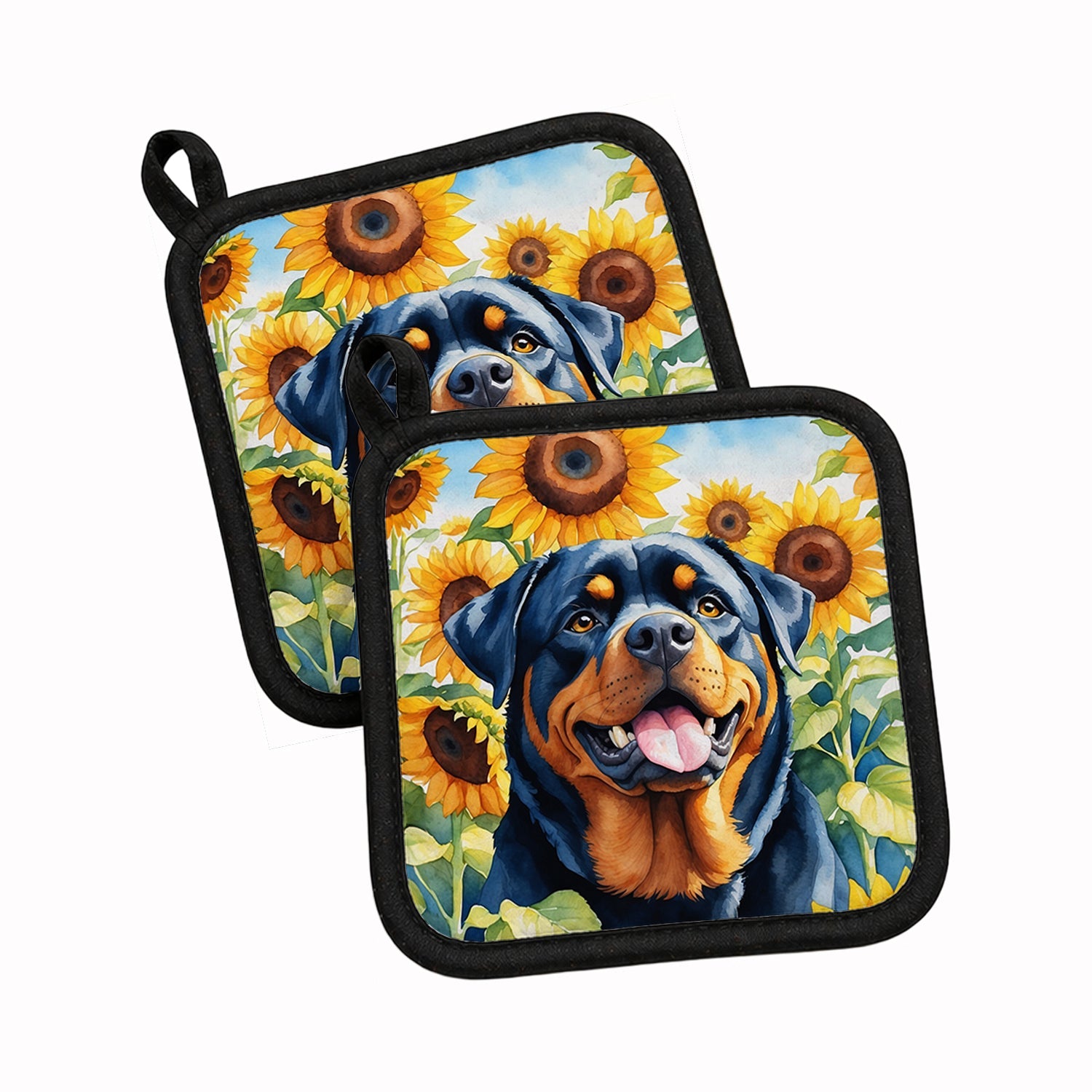 Rottweiler in Sunflowers Pot Holder Set of 2 Heat Resistant Quilted Hot Pads 7.5 x 7.5 Inch, Insulated Kitchen Trivets for Cooking & Baking