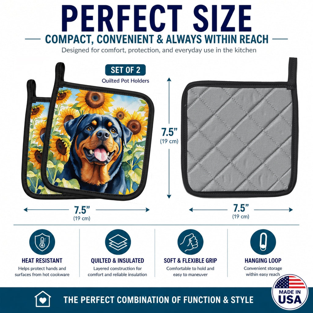 Rottweiler in Sunflowers Pot Holder Set of 2 Heat Resistant Quilted Hot Pads 7.5 x 7.5 Inch, Insulated Kitchen Trivets for Cooking & Baking
