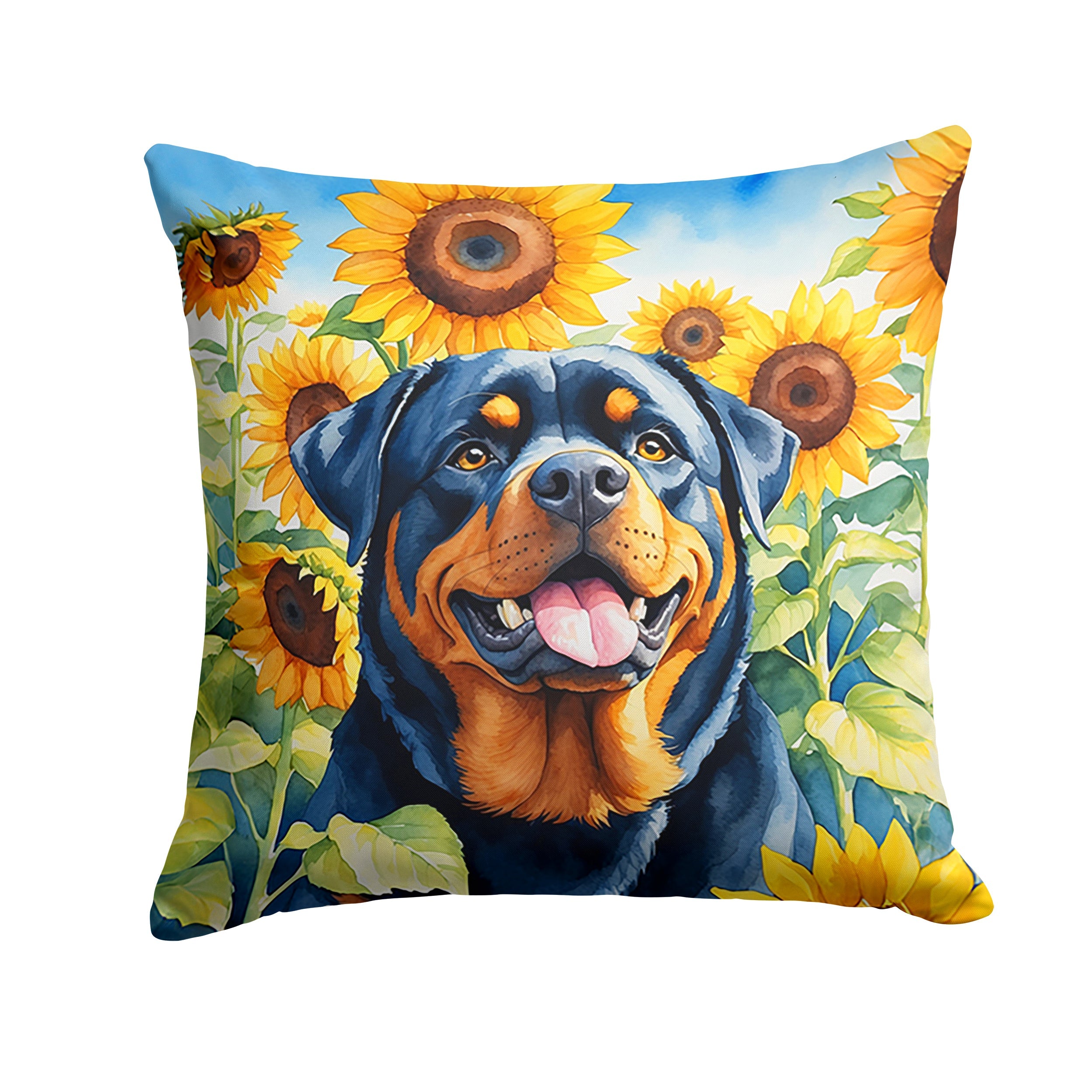 Rottweiler in Sunflowers Decorative Throw Pillow 14x14 Indoor Outdoor Accent Cushion, Fabric Cover with Insert for Sofa, Bed, Porch & Living Room