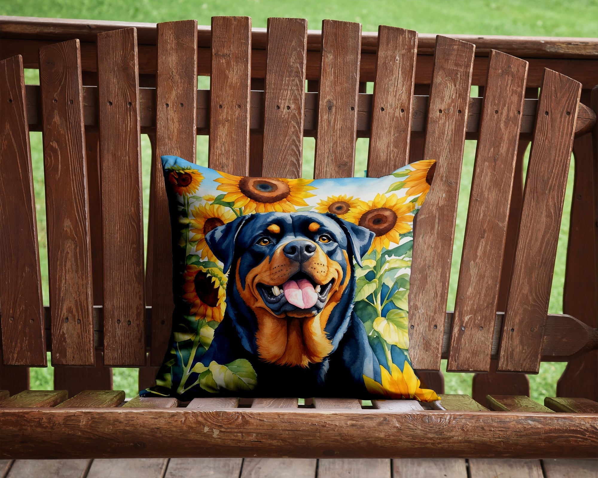 Rottweiler in Sunflowers Decorative Throw Pillow 14x14 Indoor Outdoor Accent Cushion, Fabric Cover with Insert for Sofa, Bed, Porch & Living Room