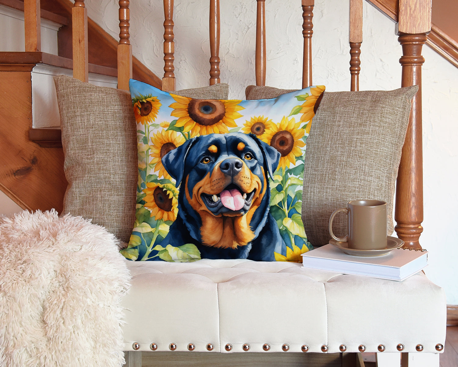 Rottweiler in Sunflowers Decorative Throw Pillow 14x14 Indoor Outdoor Accent Cushion, Fabric Cover with Insert for Sofa, Bed, Porch & Living Room
