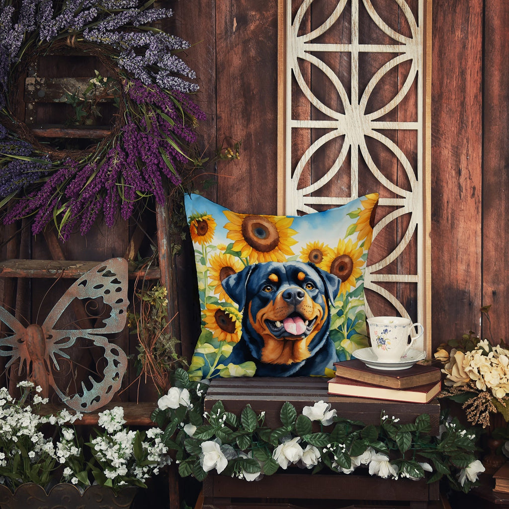 Rottweiler in Sunflowers Decorative Throw Pillow 14x14 Indoor Outdoor Accent Cushion, Fabric Cover with Insert for Sofa, Bed, Porch & Living Room