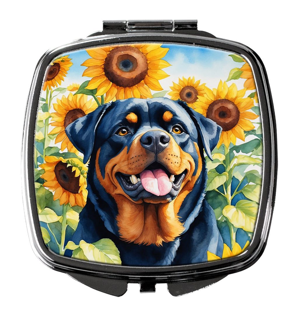 Rottweiler in Sunflowers Compact Mirror Decorative Travel Makeup Mirror for Women Girls Gifts Pocket Makeup Mirror Folding Handheld
