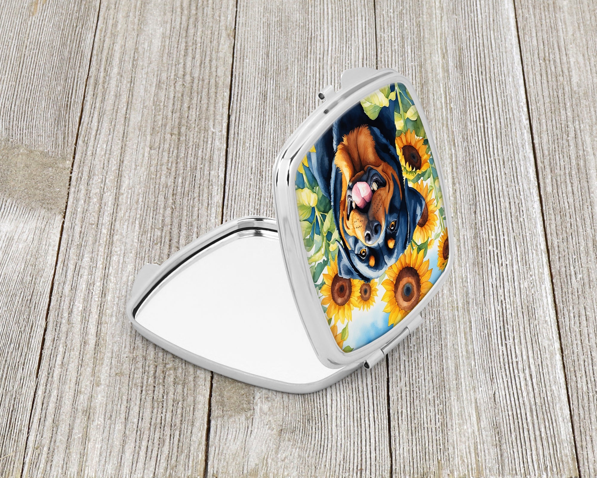 Rottweiler in Sunflowers Compact Mirror Decorative Travel Makeup Mirror for Women Girls Gifts Pocket Makeup Mirror Folding Handheld