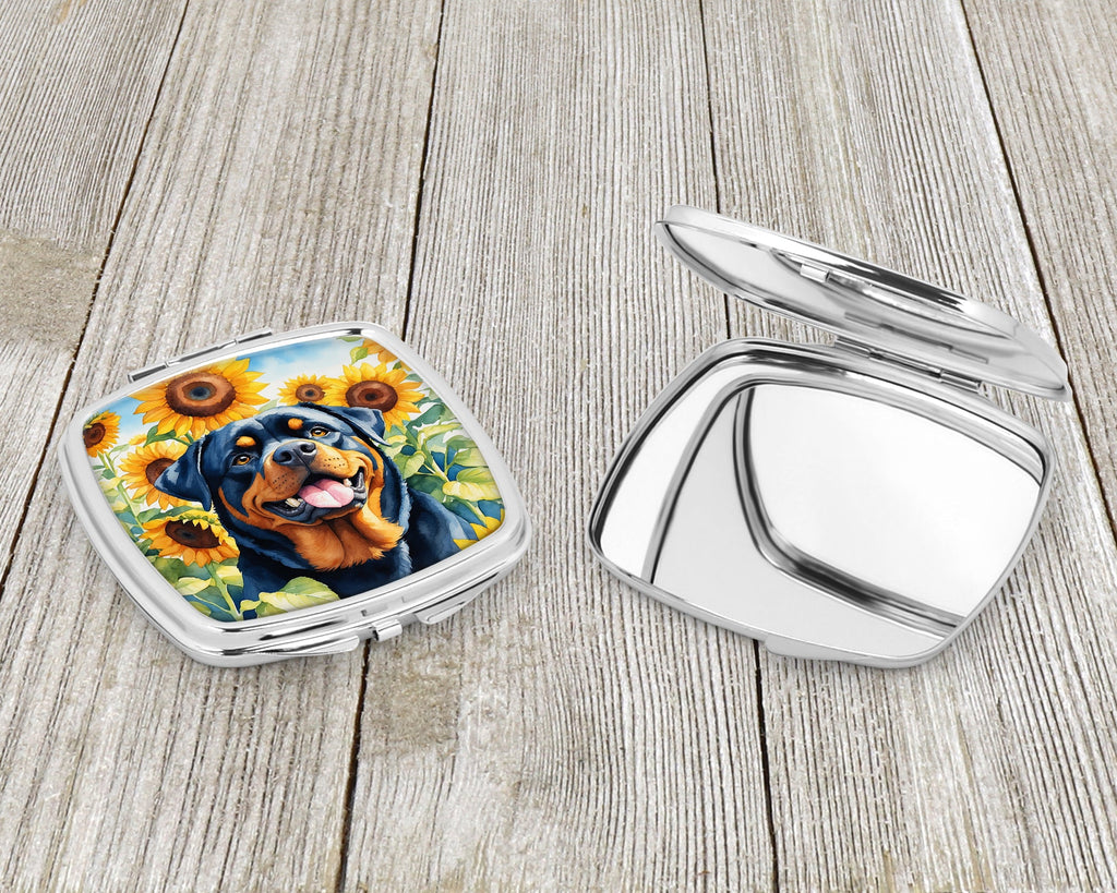 Rottweiler in Sunflowers Compact Mirror Decorative Travel Makeup Mirror for Women Girls Gifts Pocket Makeup Mirror Folding Handheld