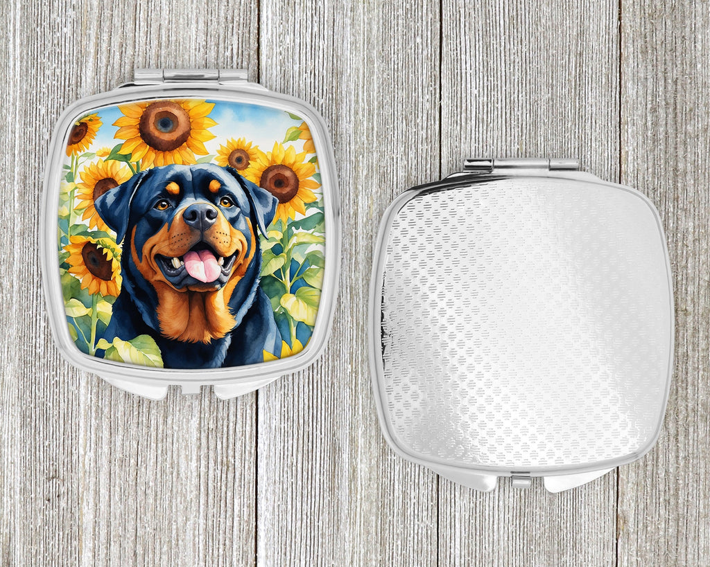 Rottweiler in Sunflowers Compact Mirror Decorative Travel Makeup Mirror for Women Girls Gifts Pocket Makeup Mirror Folding Handheld
