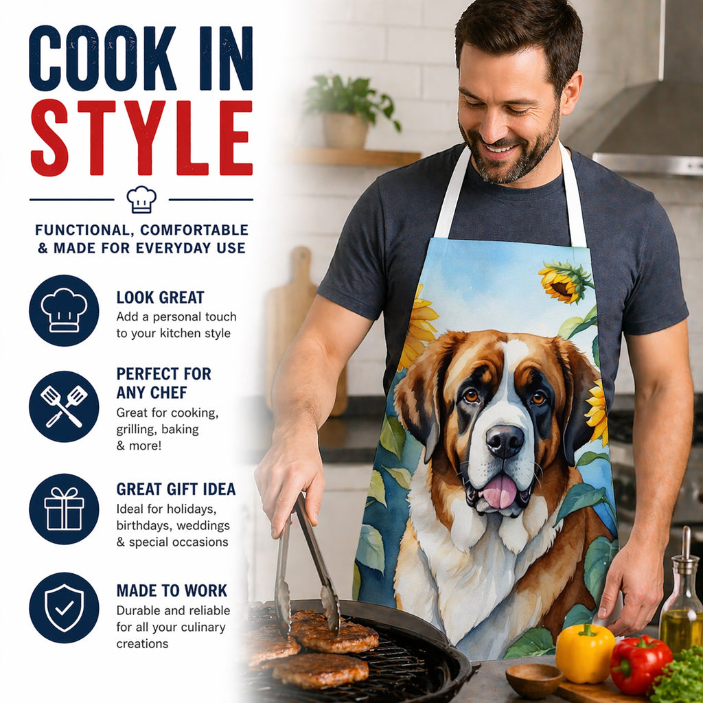 Saint Bernard in Sunflowers Apron Cooking Kitchen Server Baking Crafts Gardening for Adult Women Men, Unisex, Large, Multicolor