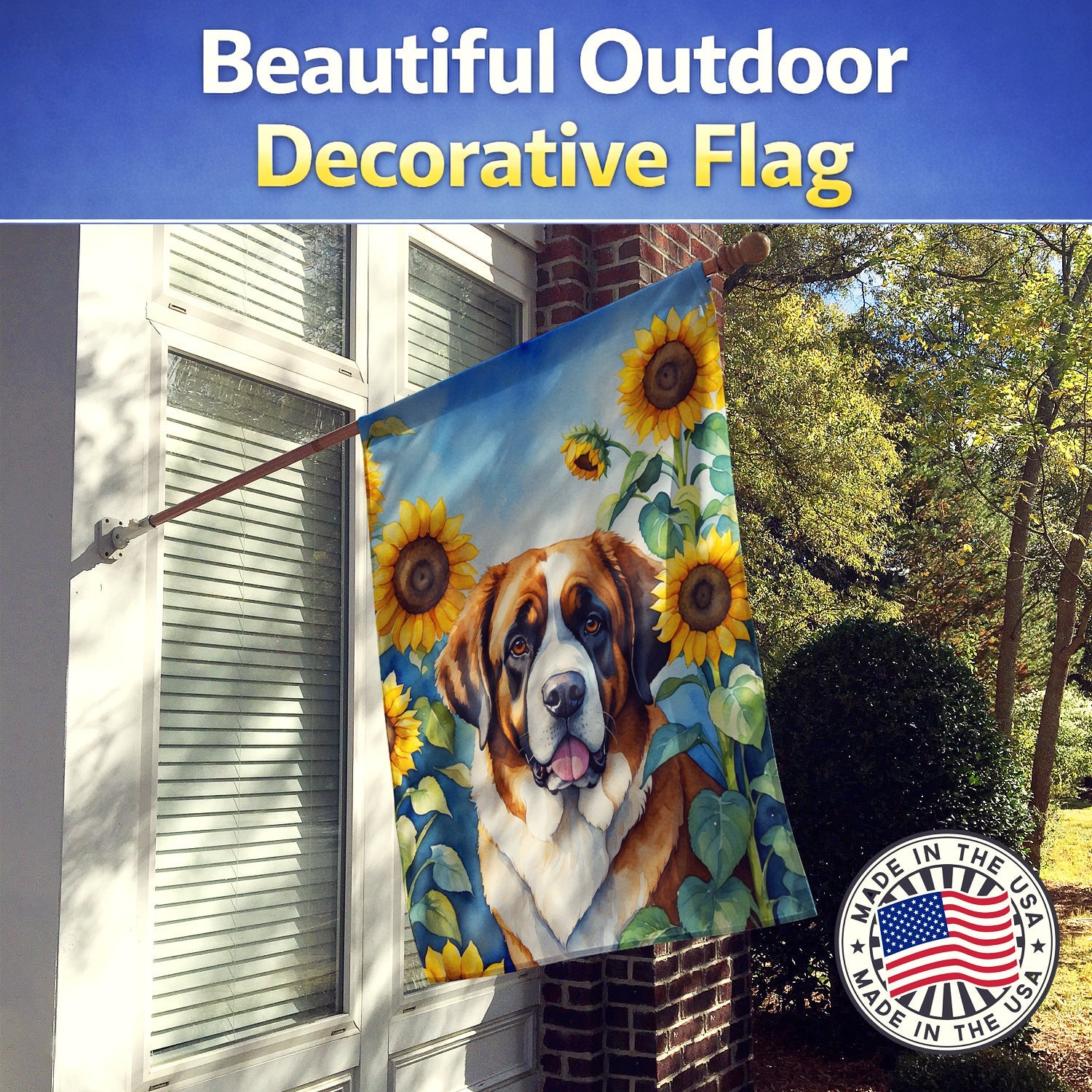 Saint Bernard in Sunflowers House Flag 28x40 Porch Sleeve Pole Decorative Outside Yard Banner Artwork Wall Hanging, Polyester