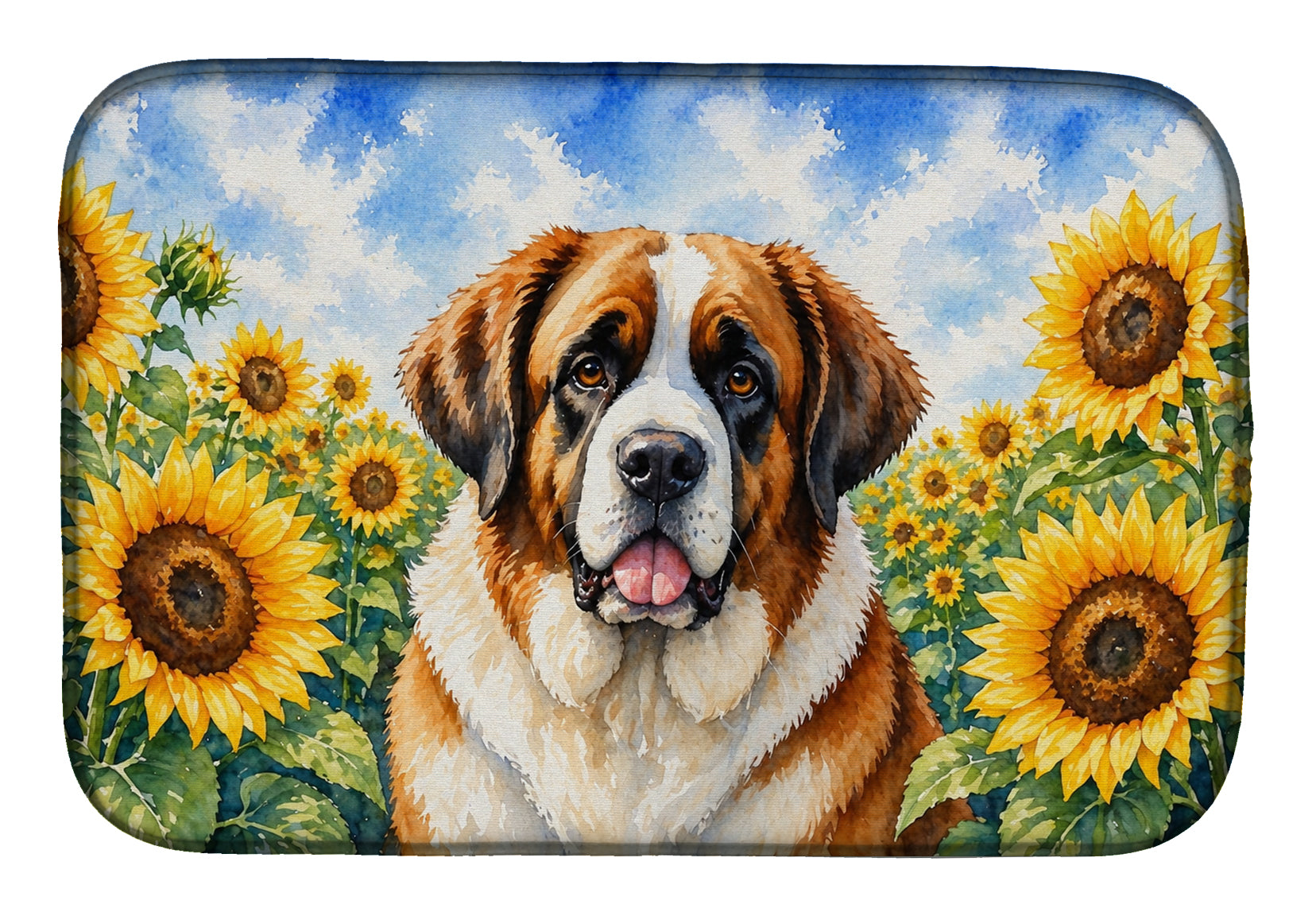 Saint Bernard in Sunflowers Dish Drying Mat Absorbent Dish Drying Mat Pad for Kitchen Counter Dish Drainer Mat for Countertop, 14 x 21", Multicolor