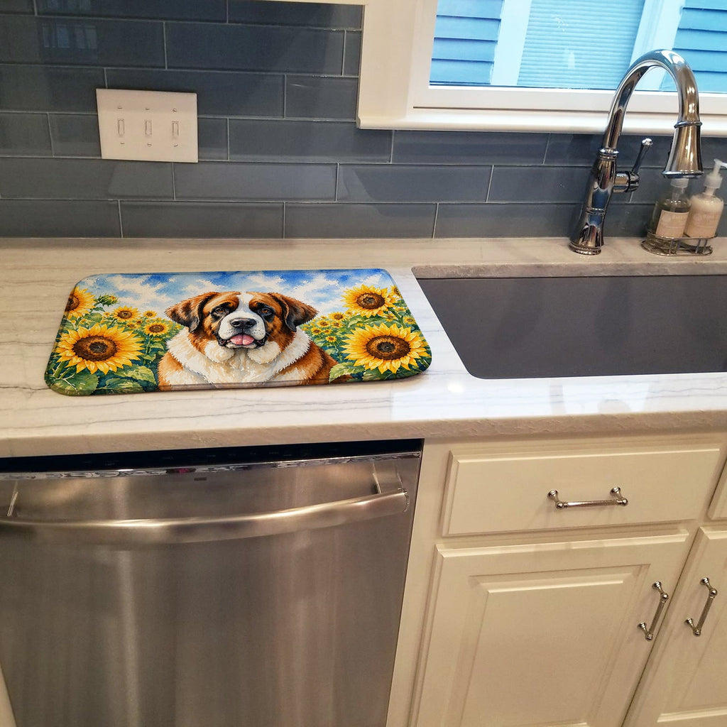Saint Bernard in Sunflowers Dish Drying Mat Absorbent Dish Drying Mat Pad for Kitchen Counter Dish Drainer Mat for Countertop, 14 x 21", Multicolor