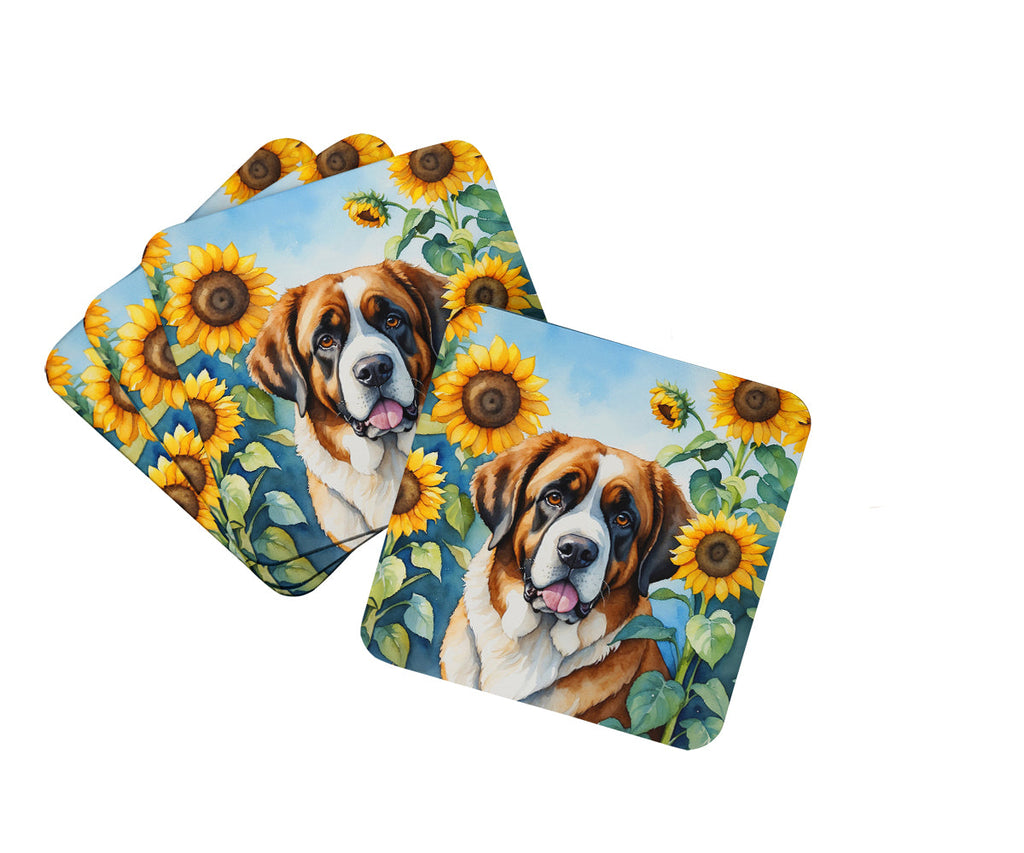 Saint Bernard in Sunflowers Foam Coasters Set of 4 Cup Coasters for Indoor Outdoor, Tabletop Protection, Anti Slip, Mouse pad Material