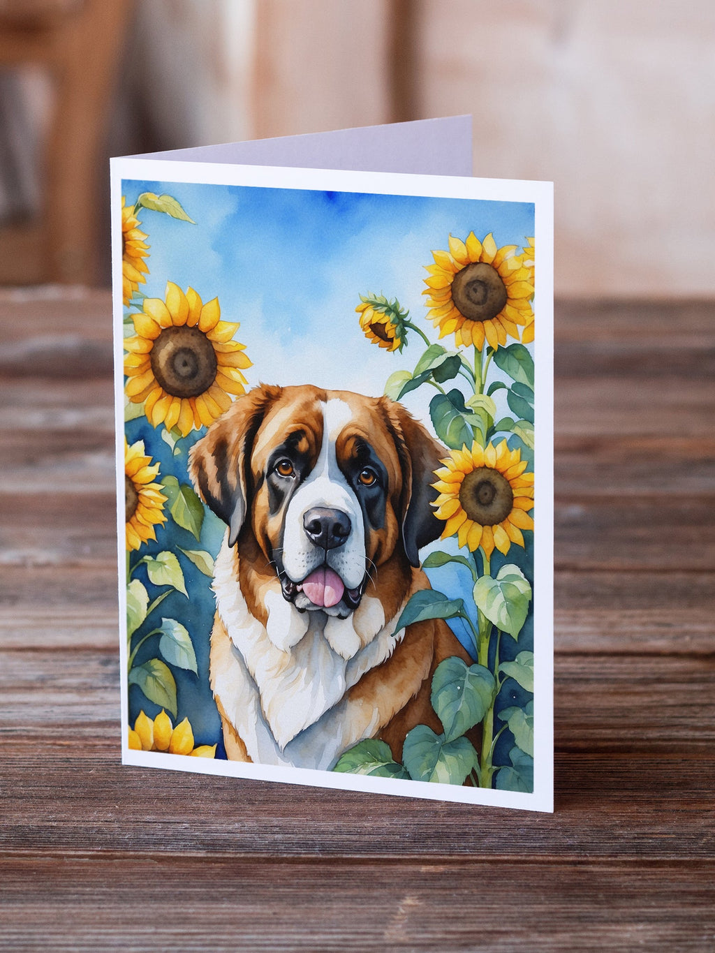 Saint Bernard in Sunflowers Greeting Cards Pack of 8 Blank Cards with Envelopes Whimsical A7 Size 5x7