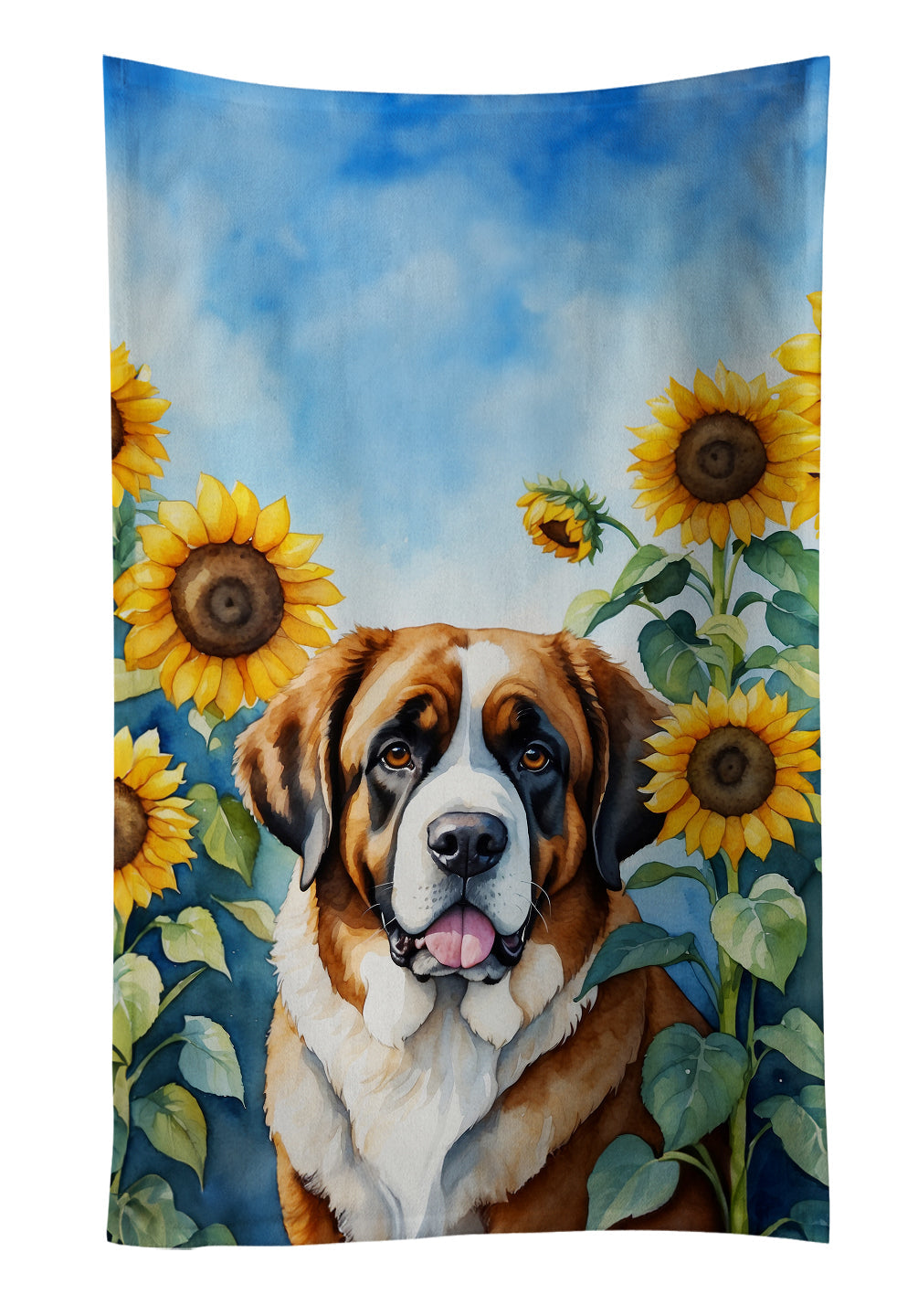 Saint Bernard in Sunflowers Kitchen Towel Velour Plush Front and Cotton Loop Back Machine Washable