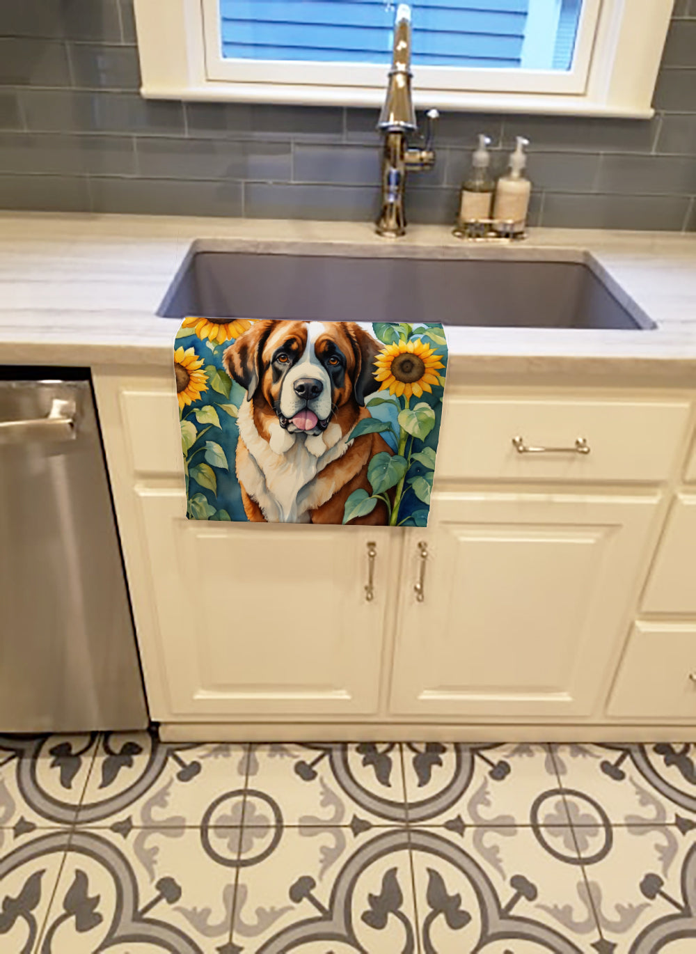 Saint Bernard in Sunflowers Kitchen Towel Velour Plush Front and Cotton Loop Back Machine Washable