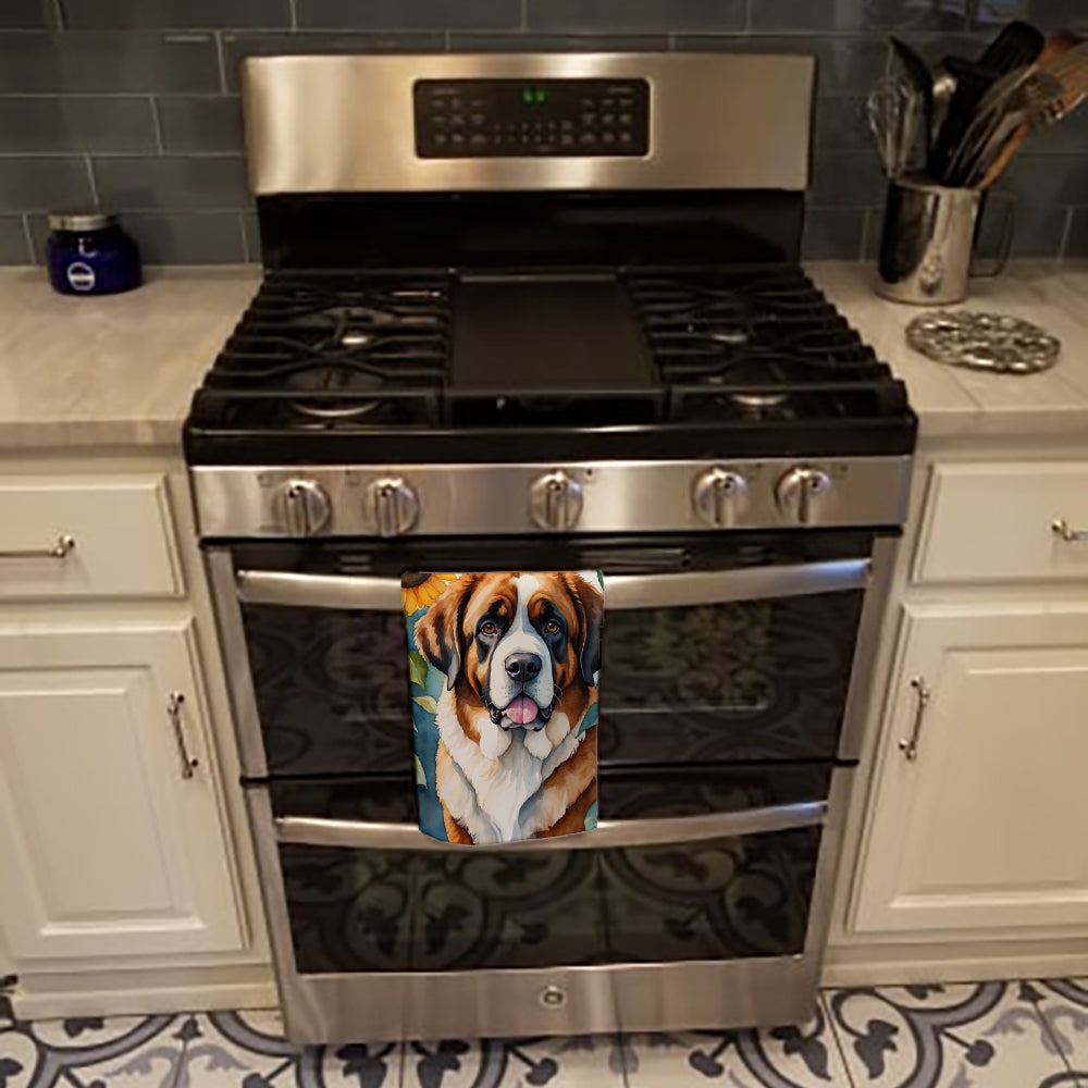 Saint Bernard in Sunflowers Kitchen Towel Velour Plush Front and Cotton Loop Back Machine Washable
