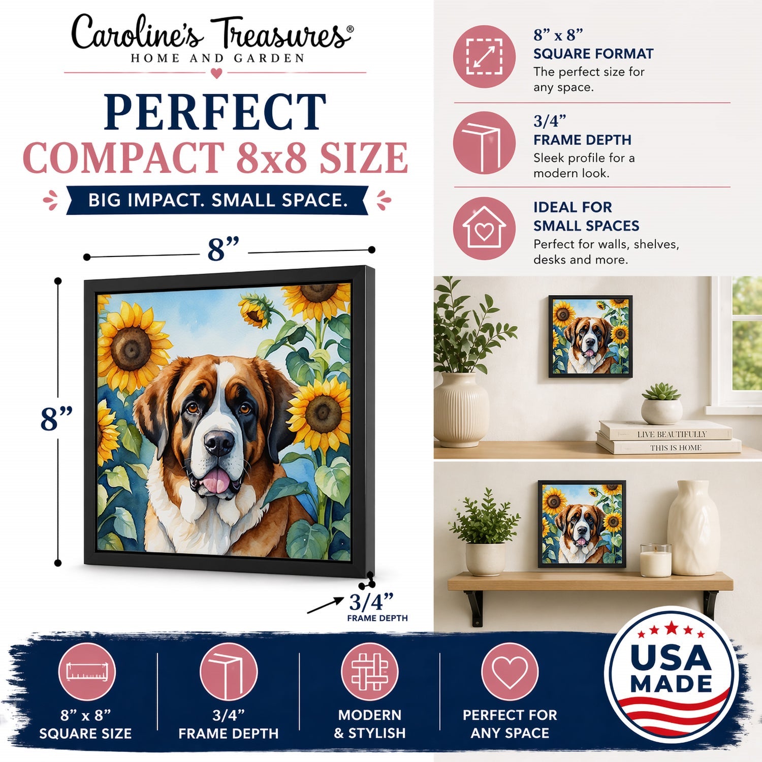 Saint Bernard in Sunflowers Framed Metal Print Bathroom, Kitchen, Office, Home Decor Wall Art Ready to Hang, Square, 8X8