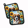 Saint Bernard in Sunflowers Pot Holder Set of 2 Heat Resistant Quilted Hot Pads 7.5 x 7.5 Inch, Insulated Kitchen Trivets for Cooking & Baking