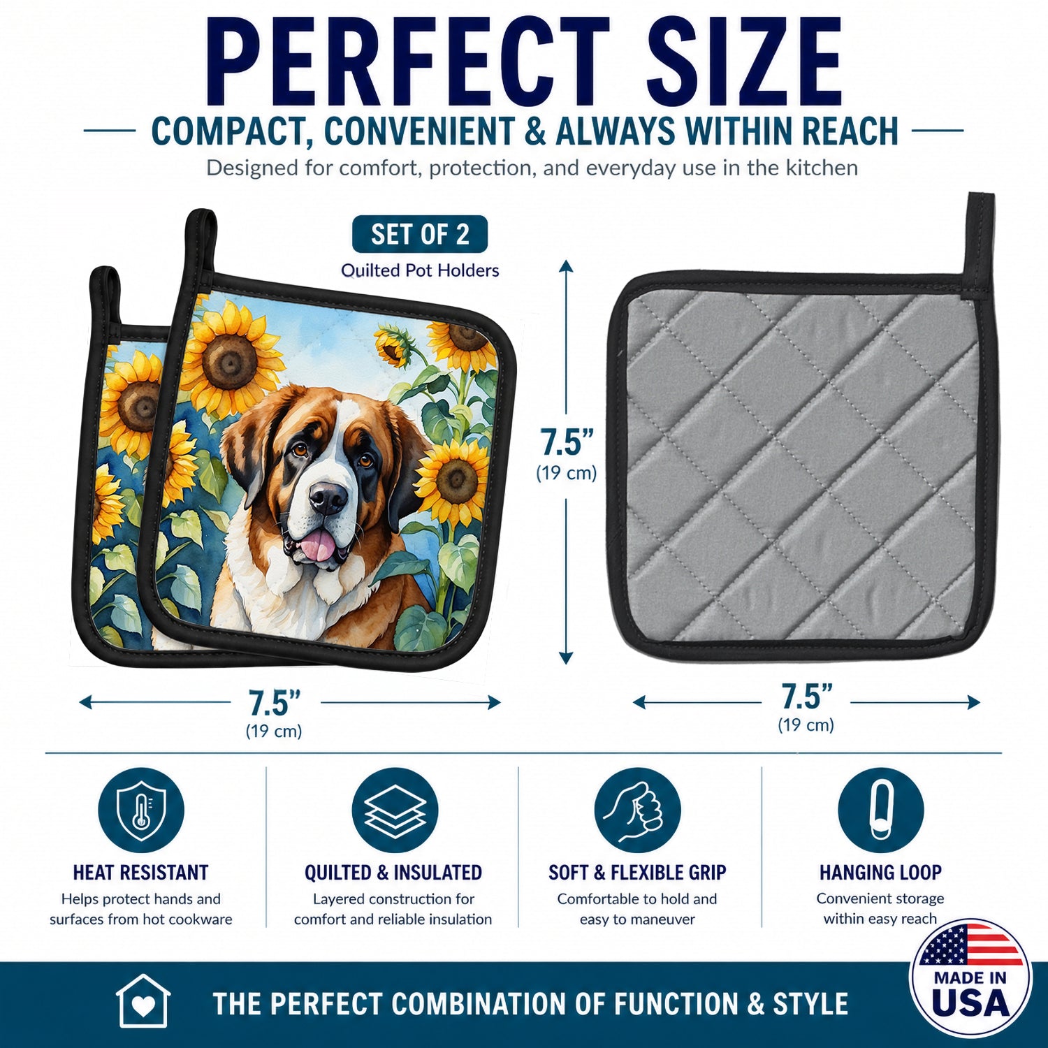 Saint Bernard in Sunflowers Pot Holder Set of 2 Heat Resistant Quilted Hot Pads 7.5 x 7.5 Inch, Insulated Kitchen Trivets for Cooking & Baking