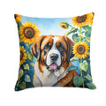 Saint Bernard in Sunflowers Decorative Throw Pillow 14x14 Indoor Outdoor Accent Cushion, Fabric Cover with Insert for Sofa, Bed, Porch & Living Room