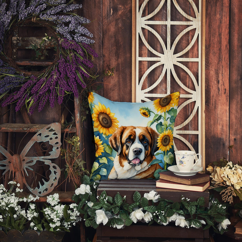 Saint Bernard in Sunflowers Decorative Throw Pillow 14x14 Indoor Outdoor Accent Cushion, Fabric Cover with Insert for Sofa, Bed, Porch & Living Room