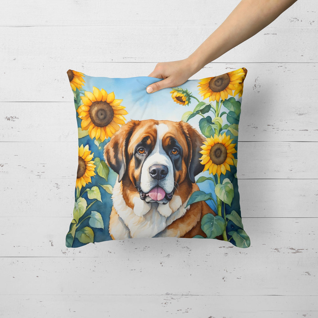 Saint Bernard in Sunflowers Decorative Throw Pillow 18x18 Indoor Outdoor Accent Cushion, Fabric Cover with Insert for Sofa, Bed, Porch & Living Room