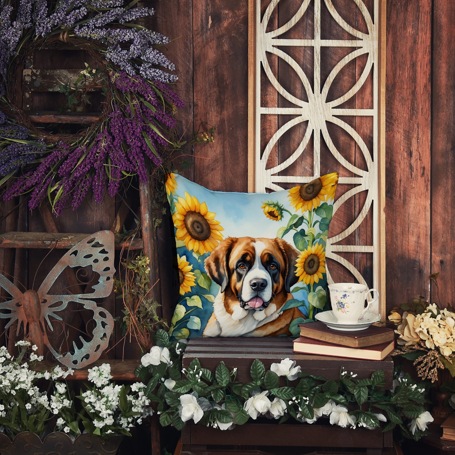 Saint Bernard in Sunflowers Decorative Throw Pillow 18x18 Indoor Outdoor Accent Cushion, Fabric Cover with Insert for Sofa, Bed, Porch & Living Room