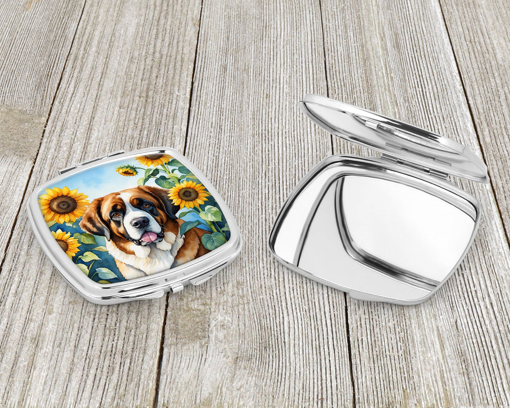 Saint Bernard in Sunflowers Compact Mirror Decorative Travel Makeup Mirror for Women Girls Gifts Pocket Makeup Mirror Folding Handheld