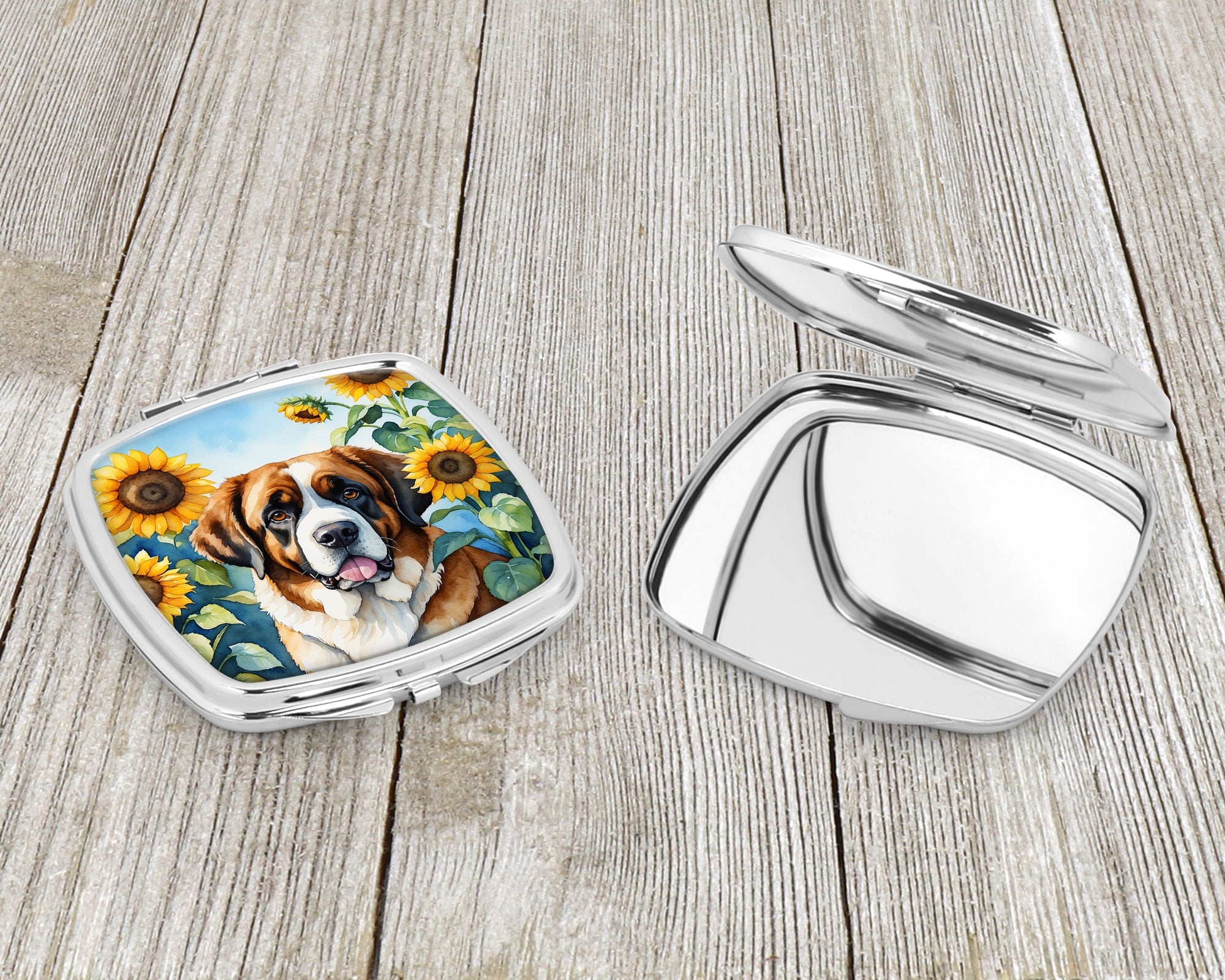Saint Bernard in Sunflowers Compact Mirror Decorative Travel Makeup Mirror for Women Girls Gifts Pocket Makeup Mirror Folding Handheld