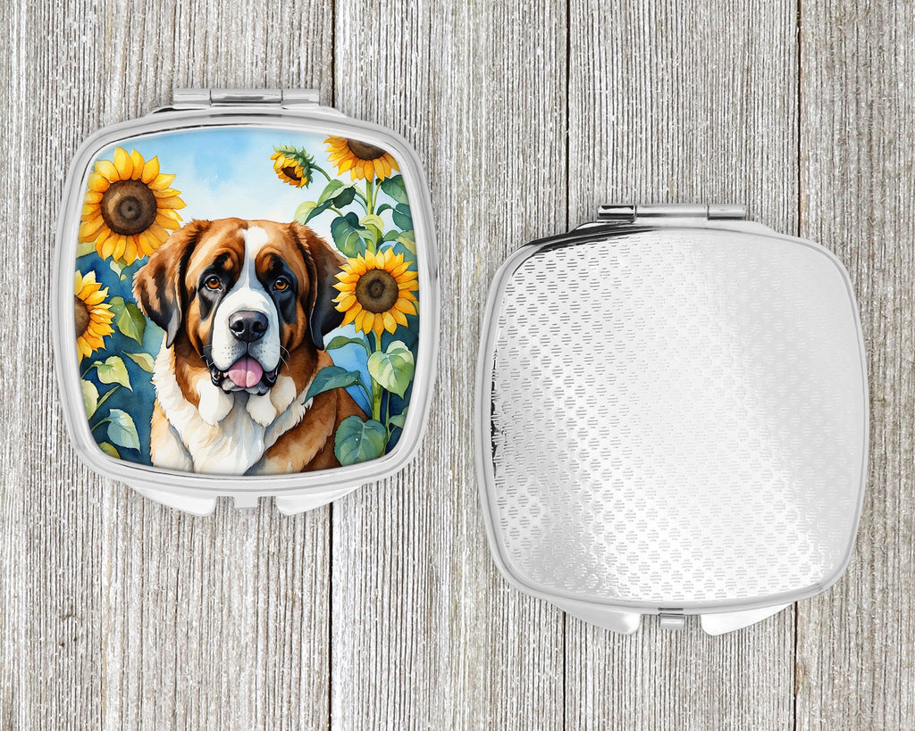 Saint Bernard in Sunflowers Compact Mirror Decorative Travel Makeup Mirror for Women Girls Gifts Pocket Makeup Mirror Folding Handheld