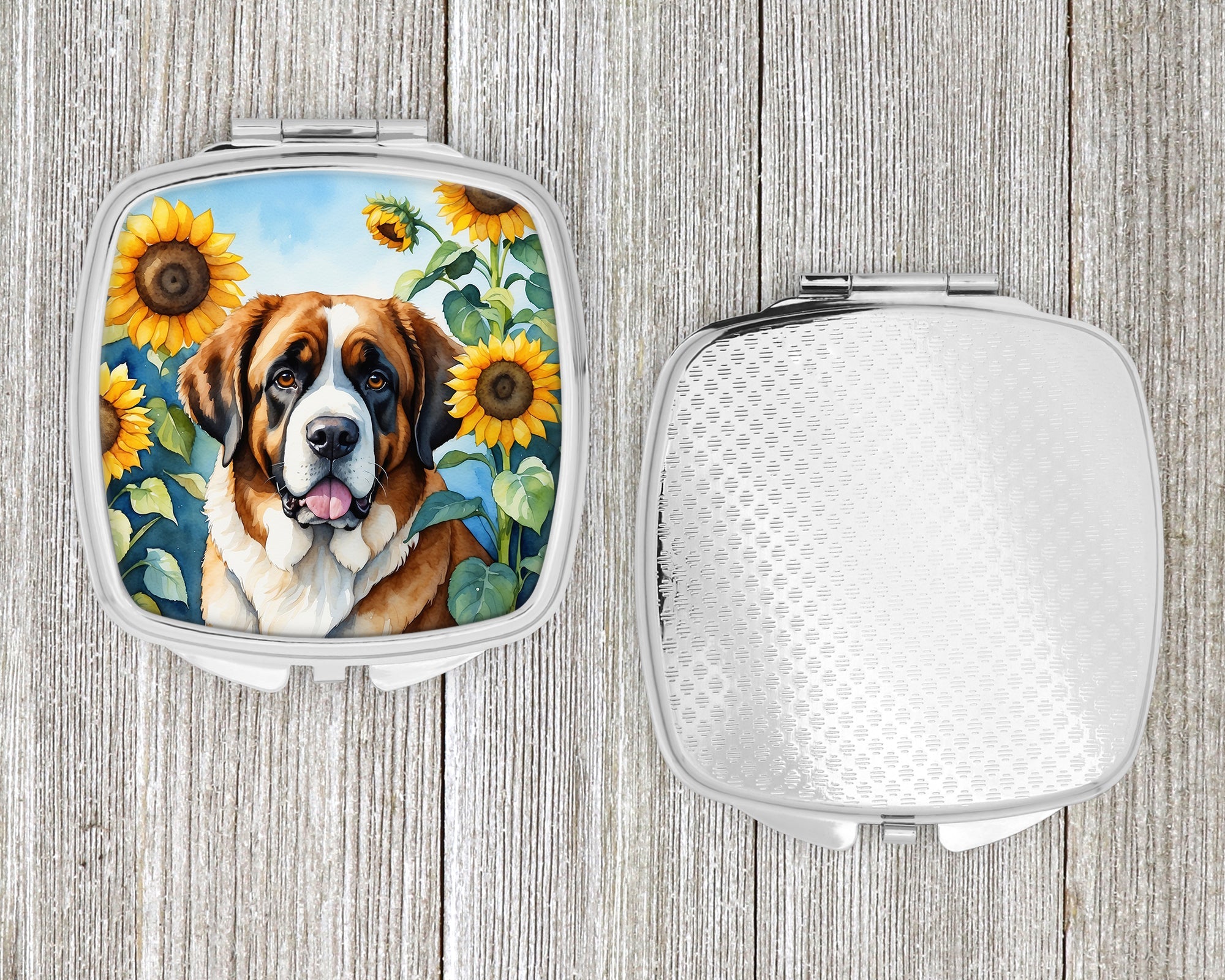 Saint Bernard in Sunflowers Compact Mirror Decorative Travel Makeup Mirror for Women Girls Gifts Pocket Makeup Mirror Folding Handheld