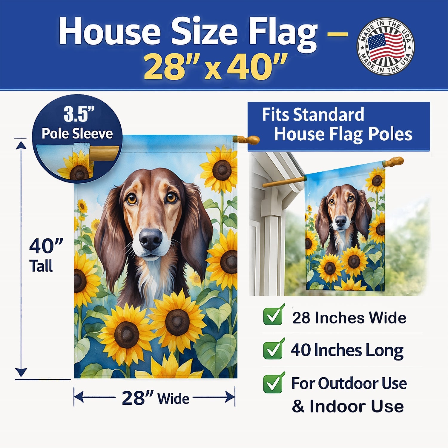 Saluki in Sunflowers House Flag 28x40 Porch Sleeve Pole Decorative Outside Yard Banner Artwork Wall Hanging, Polyester