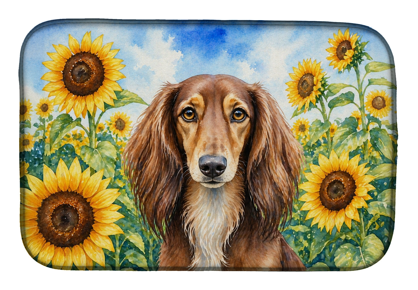 Saluki in Sunflowers Dish Drying Mat Absorbent Dish Drying Mat Pad for Kitchen Counter Dish Drainer Mat for Countertop, 14 x 21", Multicolor