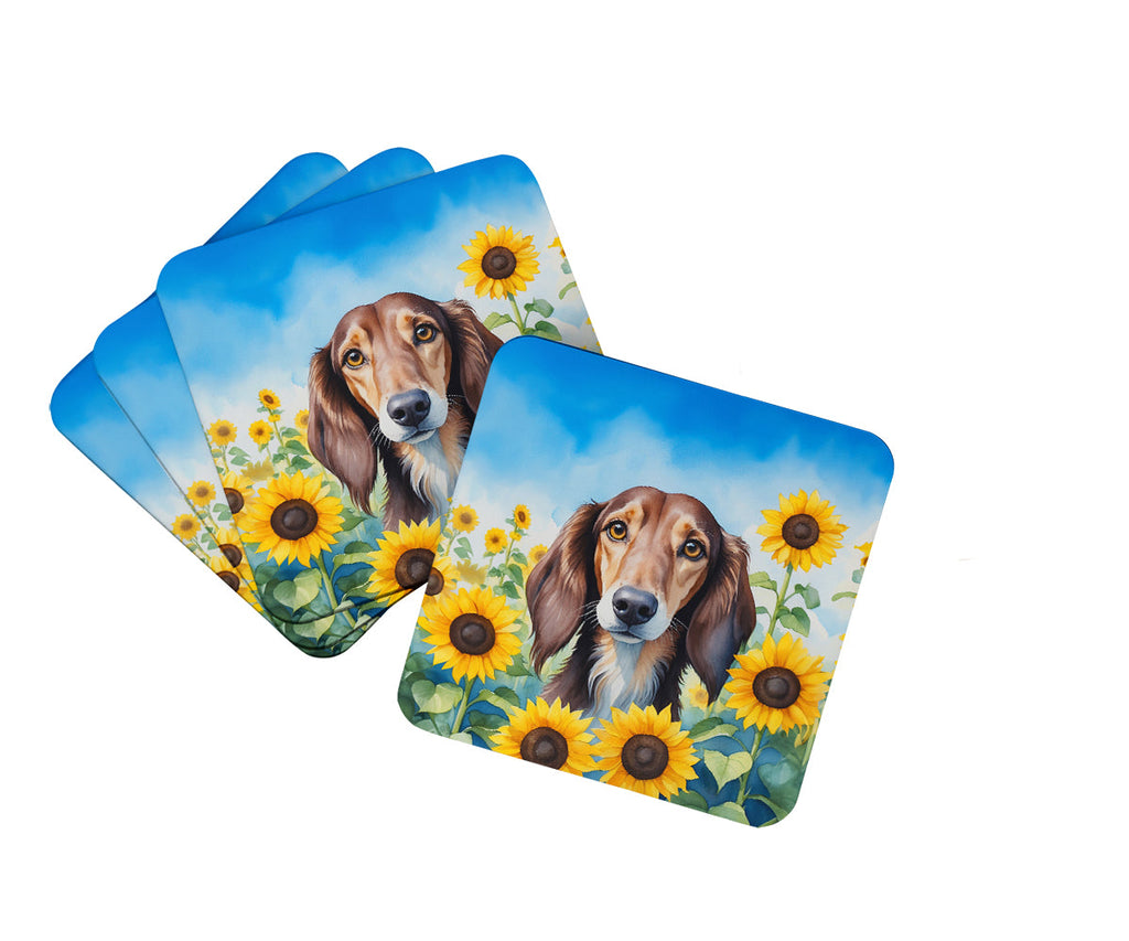Saluki in Sunflowers Foam Coasters Set of 4 Cup Coasters for Indoor Outdoor, Tabletop Protection, Anti Slip, Mouse pad Material