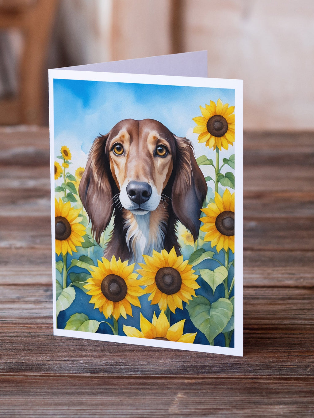Saluki in Sunflowers Greeting Cards Pack of 8 Blank Cards with Envelopes Whimsical A7 Size 5x7