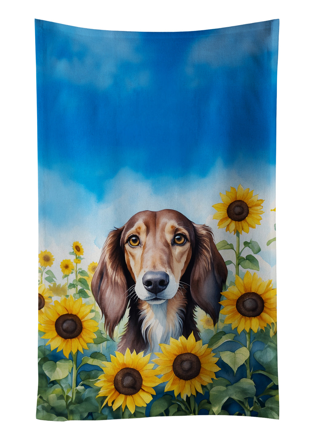 Saluki in Sunflowers Kitchen Towel Velour Plush Front and Cotton Loop Back Machine Washable