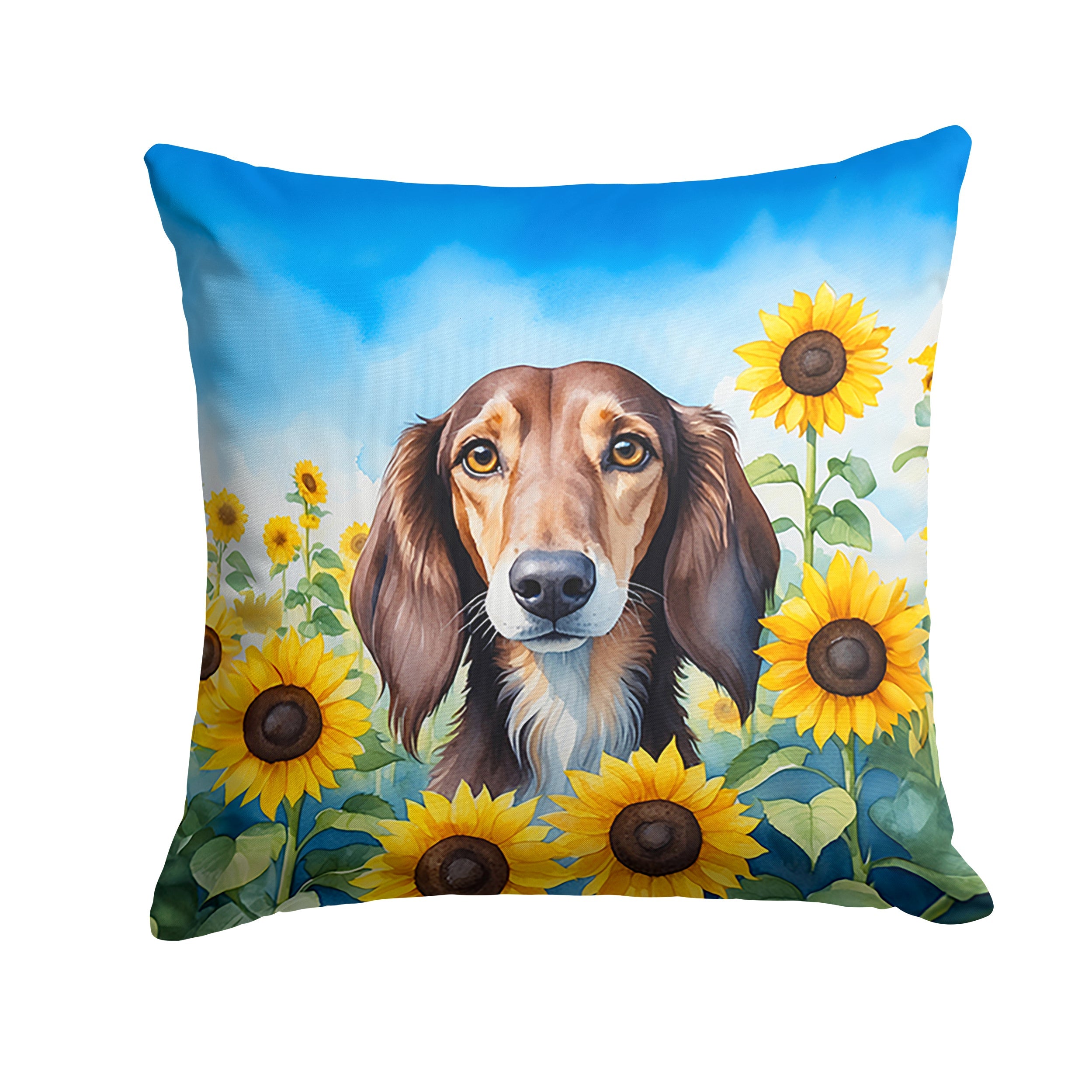 Saluki in Sunflowers Decorative Throw Pillow 14x14 Indoor Outdoor Accent Cushion, Fabric Cover with Insert for Sofa, Bed, Porch & Living Room