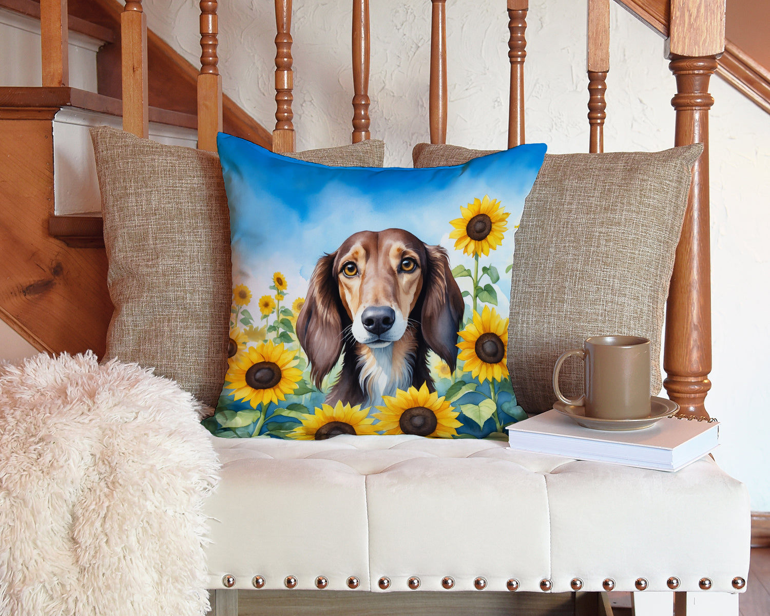 Saluki in Sunflowers Decorative Throw Pillow 14x14 Indoor Outdoor Accent Cushion, Fabric Cover with Insert for Sofa, Bed, Porch & Living Room