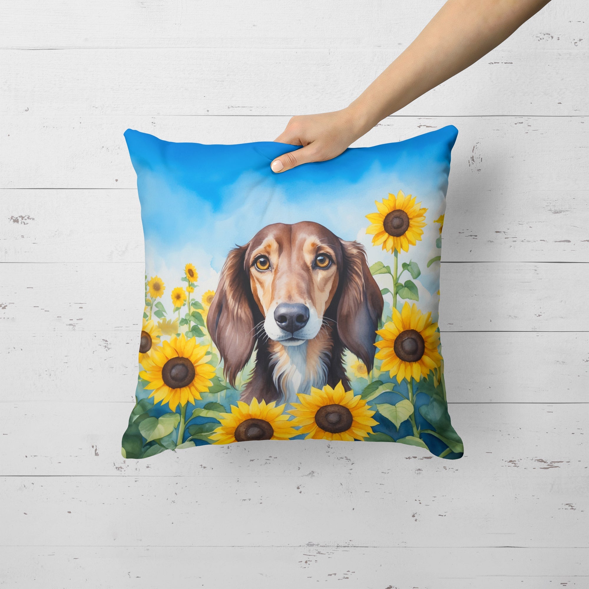 Saluki in Sunflowers Decorative Throw Pillow 18x18 Indoor Outdoor Accent Cushion, Fabric Cover with Insert for Sofa, Bed, Porch & Living Room