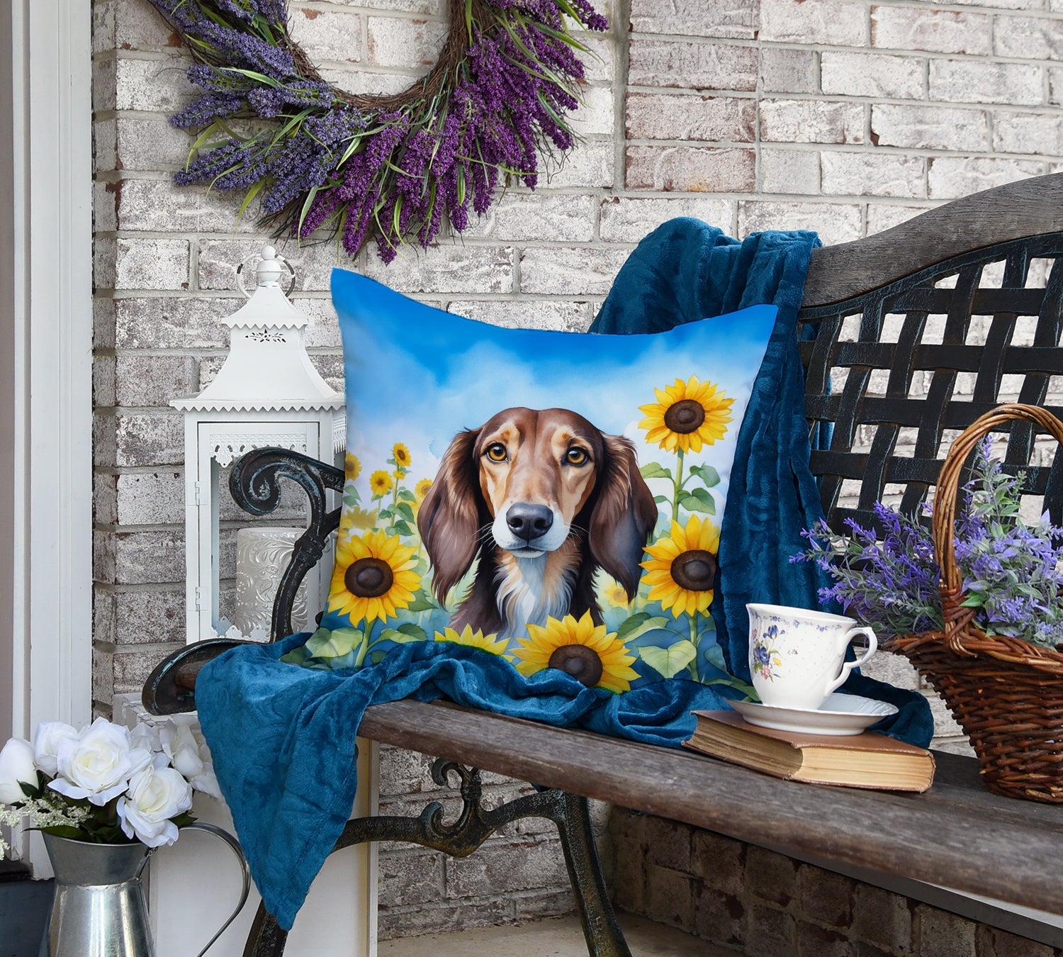 Saluki in Sunflowers Decorative Throw Pillow 18x18 Indoor Outdoor Accent Cushion, Fabric Cover with Insert for Sofa, Bed, Porch & Living Room