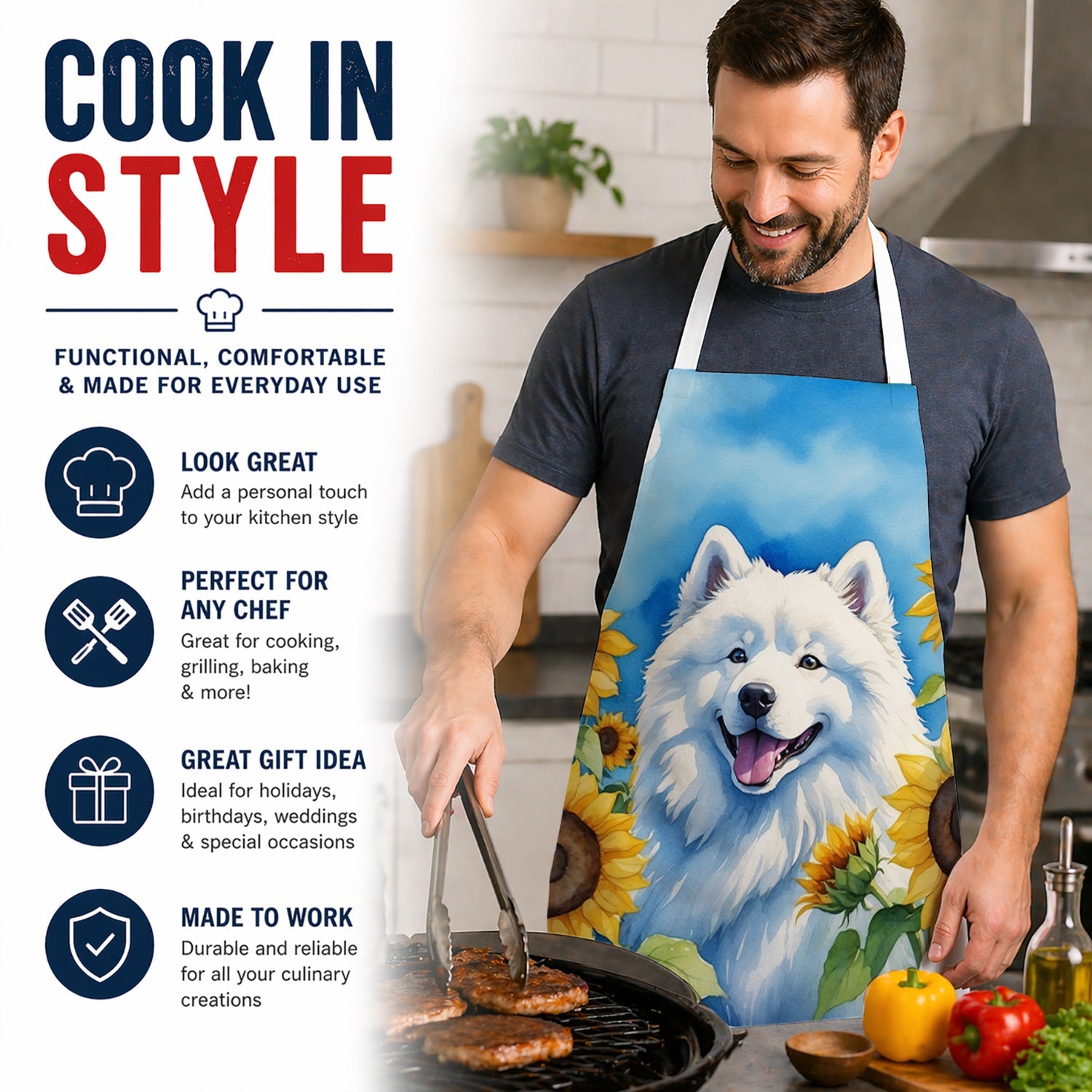 Samoyed in Sunflowers Apron Cooking Kitchen Server Baking Crafts Gardening for Adult Women Men, Unisex, Large, Multicolor