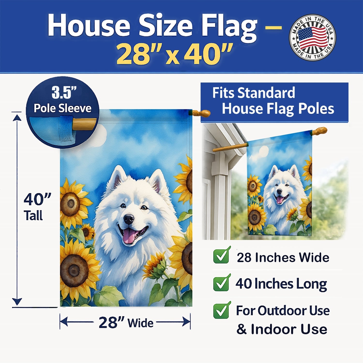 Samoyed in Sunflowers House Flag 28x40 Porch Sleeve Pole Decorative Outside Yard Banner Artwork Wall Hanging, Polyester