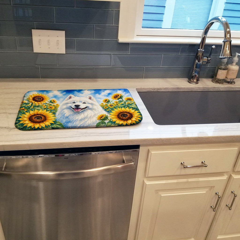 Samoyed in Sunflowers Dish Drying Mat Absorbent Dish Drying Mat Pad for Kitchen Counter Dish Drainer Mat for Countertop, 14 x 21", Multicolor