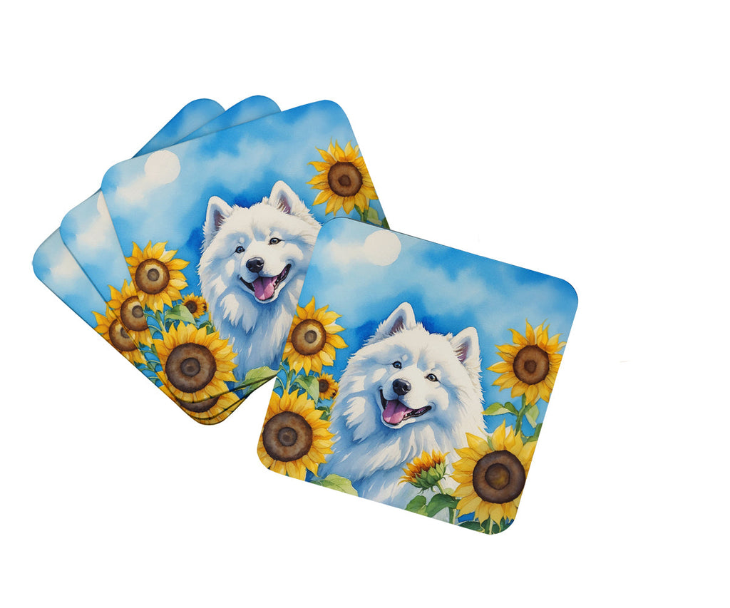 Samoyed in Sunflowers Foam Coasters Set of 4 Cup Coasters for Indoor Outdoor, Tabletop Protection, Anti Slip, Mouse pad Material