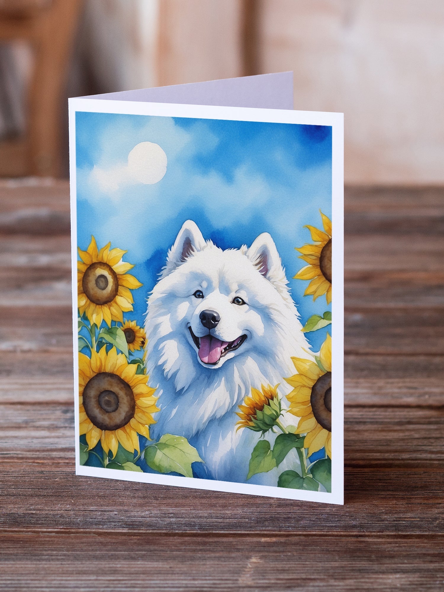 Samoyed in Sunflowers Greeting Cards Pack of 8 Blank Cards with Envelopes Whimsical A7 Size 5x7